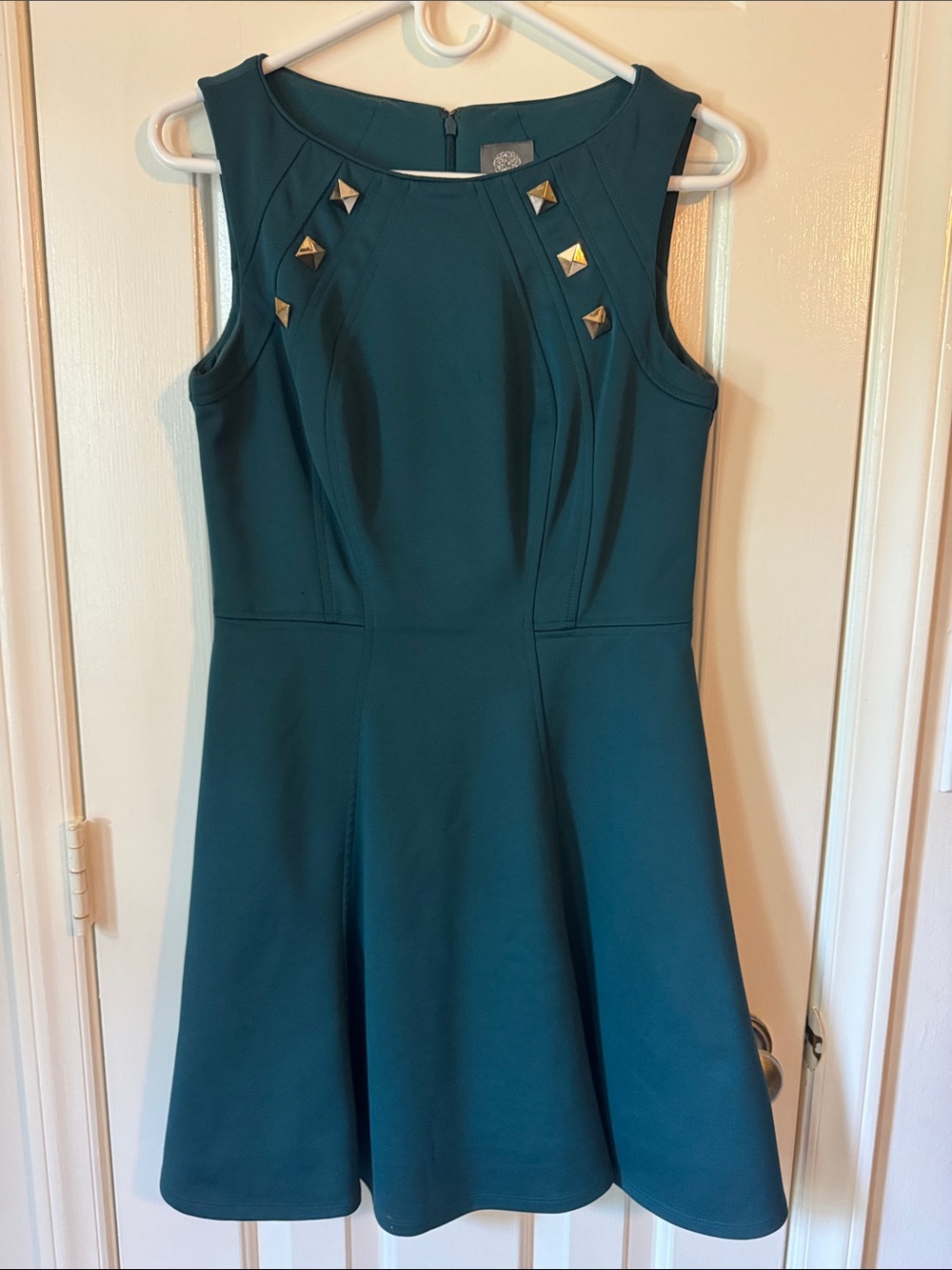 Vince Camuto Teal Sleeveless Fit-and-Flare Dress with Gold Stud Accents